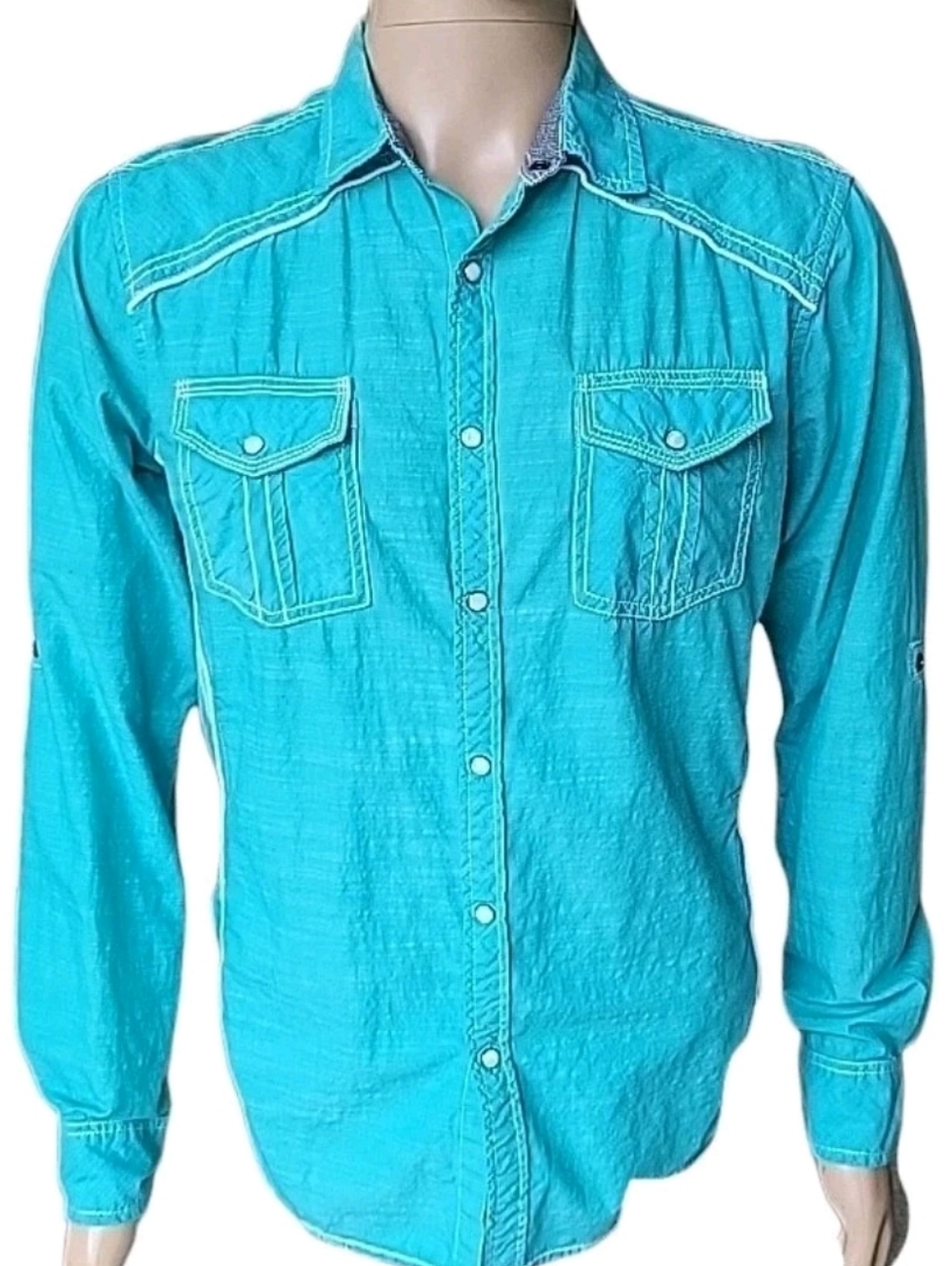BKE Buckle Western Shirt Mens M Turquoise Pearl Snap Athletic Fit Cowboy Rodeo